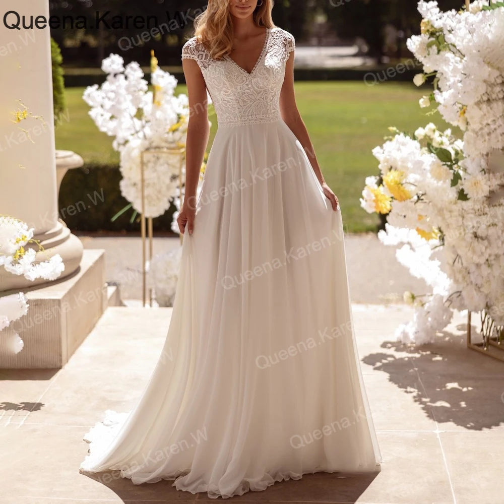 Elegant Boho A line Wedding Dress v neck lace applique chiffon bride dress robe de mariee A line Wedding Bridal Gown AL-QK229