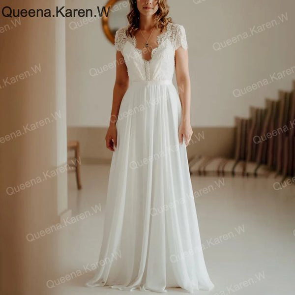 Elegant Boho A line Wedding Dress v neck lace chiffon bride dress robe de mariee A line Wedding Bridal Gown
