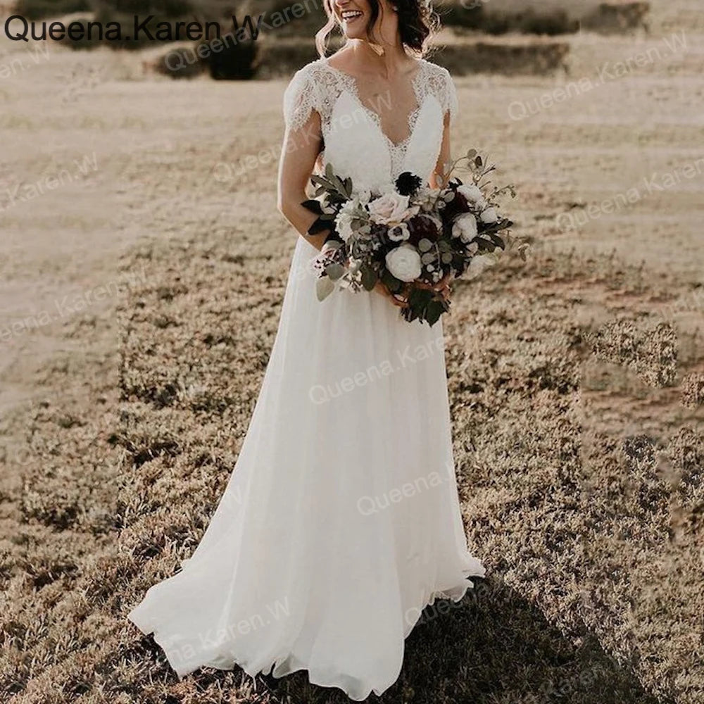 Elegant Boho A line Wedding Dress v neck lace chiffon bride dress robe de mariee A line Wedding Bridal Gown AL-QK259