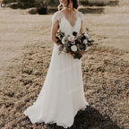 Elegant Boho A line Wedding Dress v neck lace chiffon bride dress robe de mariee A line Wedding Bridal Gown AL-QK259