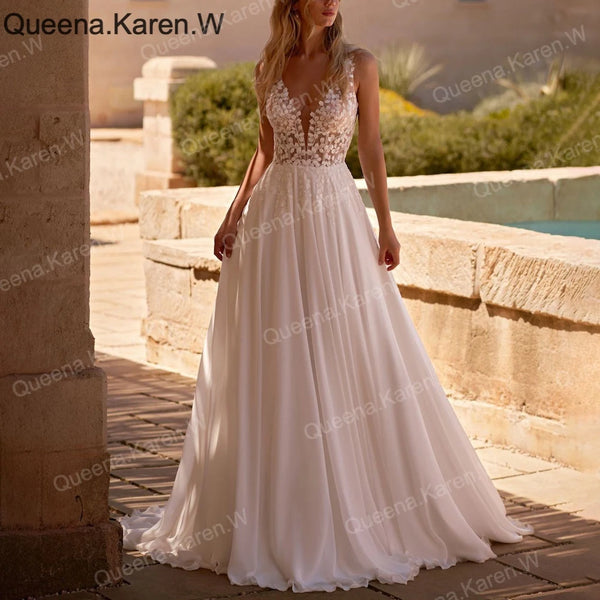 Elegant Boho A line Wedding DressV neck lace applique chiffon bride dress robe de mariee A line Wedding Bridal Gown