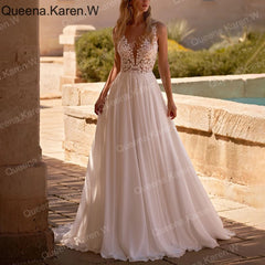 Elegant Boho A line Wedding DressV neck lace applique chiffon bride dress robe de mariee A line Wedding Bridal Gown AL-QK243