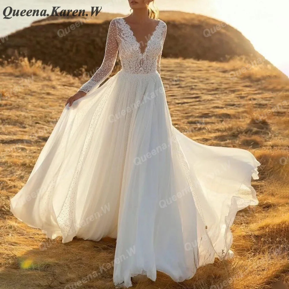 Elegant Boho Wedding Dress Long sleeve V neck lace applique bride dress robe de mariee A line Wedding Bridal Gown AL-QK41 Main image