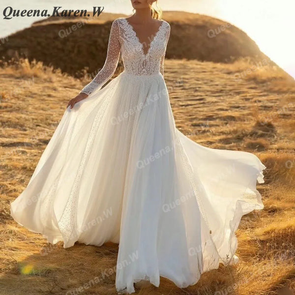 Elegant Boho Wedding Dress Long sleeve V neck lace applique bride dress robe de mariee A line Wedding Bridal Gown