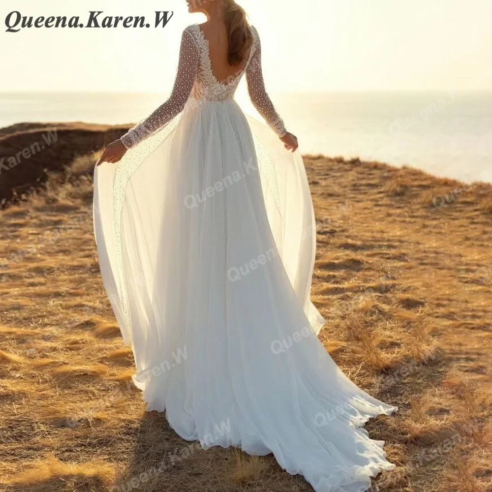 Elegant Boho Wedding Dress Long sleeve V neck lace applique bride dress robe de mariee A line Wedding Bridal Gown AL-QK41