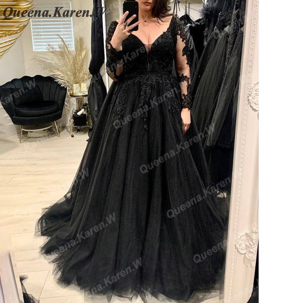 Elegant Boho Wedding Dress V Neck long sleeve lace applique bride dress robe de mariee A line Wedding Bridal GownAL-QK38 Main image