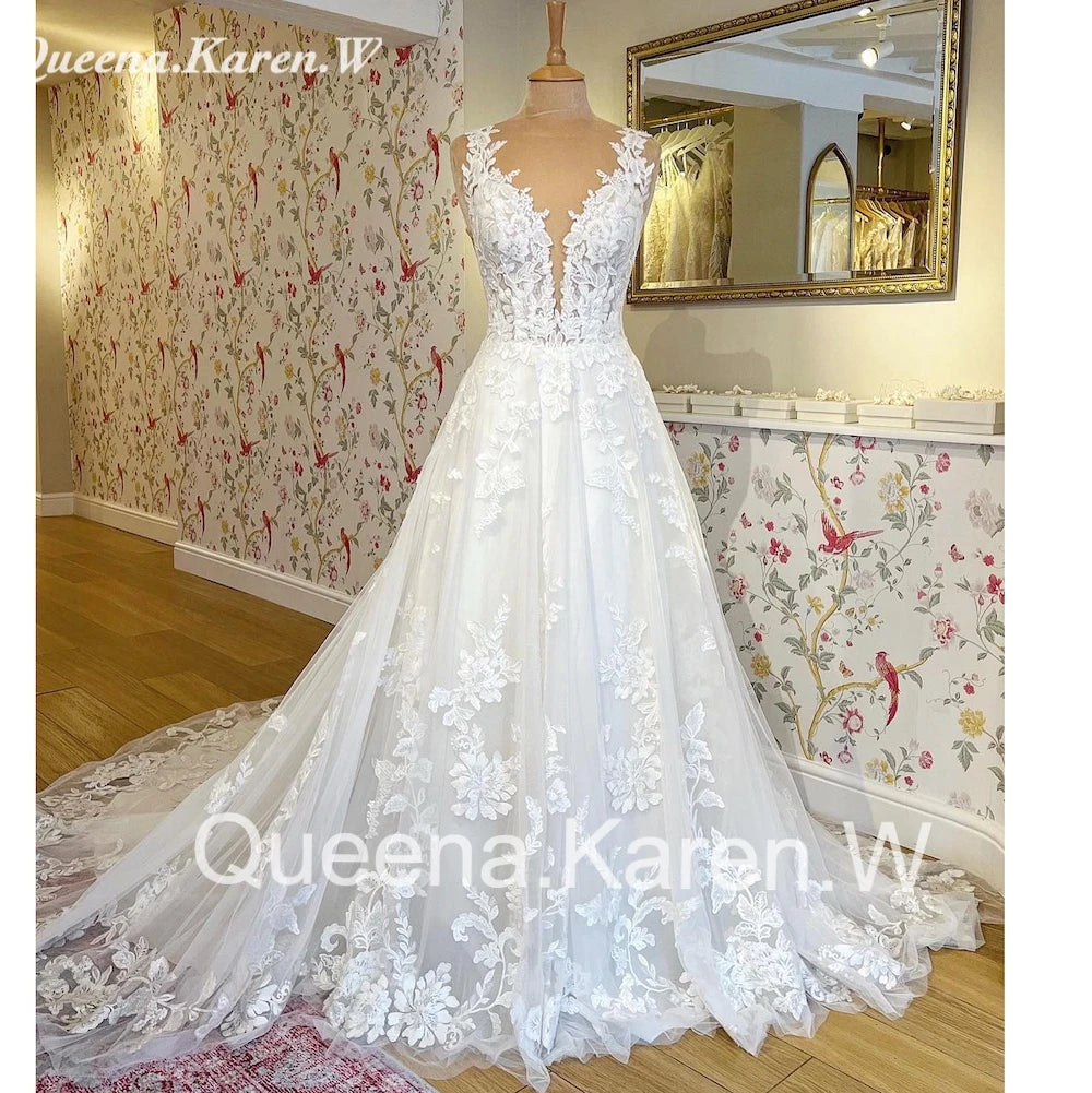 Elegant Boho Wedding Dress V neck lace applique bride dress robe de mariee A line Wedding Bridal Gown AL-QK9