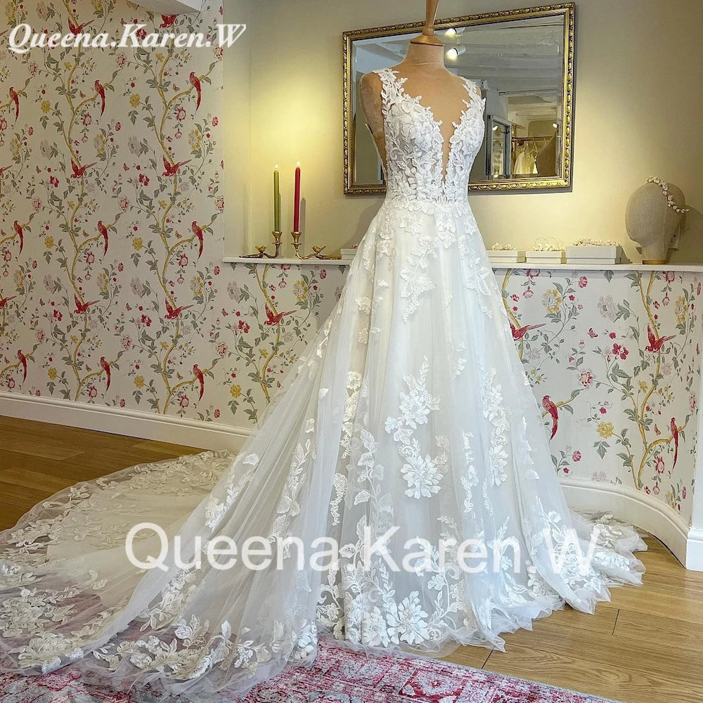 Elegant Boho Wedding Dress V neck lace applique bride dress robe de mariee A line Wedding Bridal Gown AL-QK9