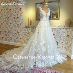 Elegant Boho Wedding Dress V neck lace applique bride dress robe de mariee A line Wedding Bridal Gown AL-QK9