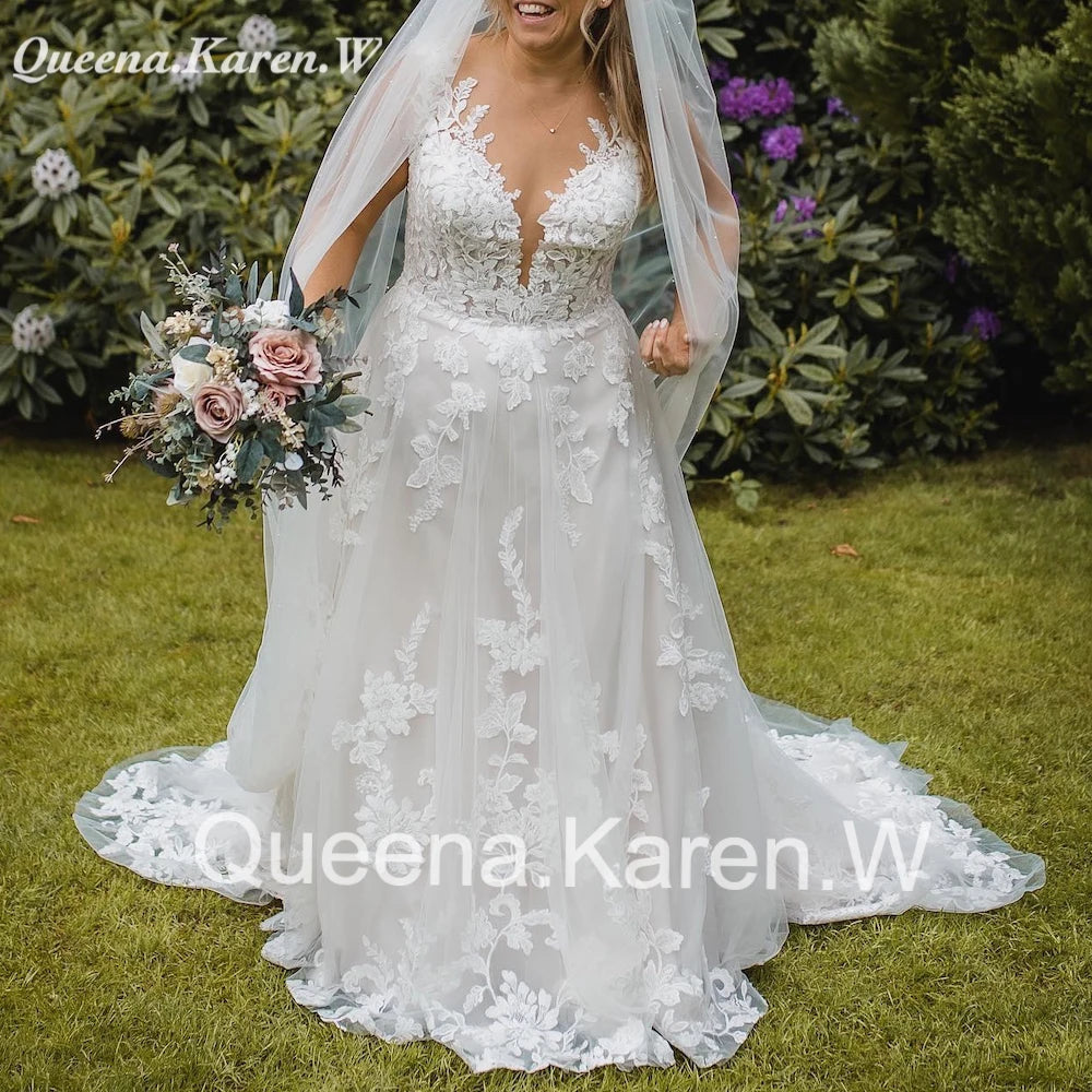 Elegant Boho Wedding Dress V neck lace applique bride dress robe de mariee A line Wedding Bridal Gown AL-QK9