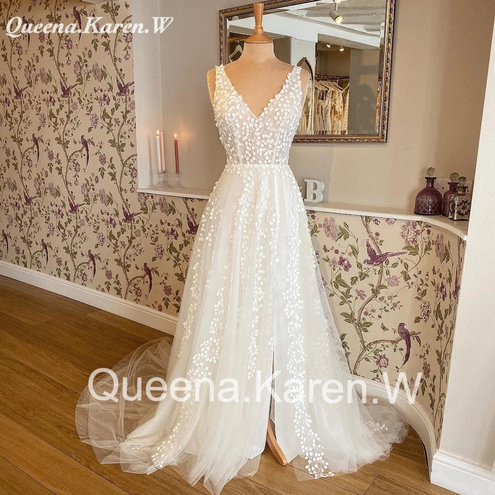 Elegant Boho Wedding Dress V neck lace applique bride dress robe de mariee A line Wedding Bridal Gown AL-QK12