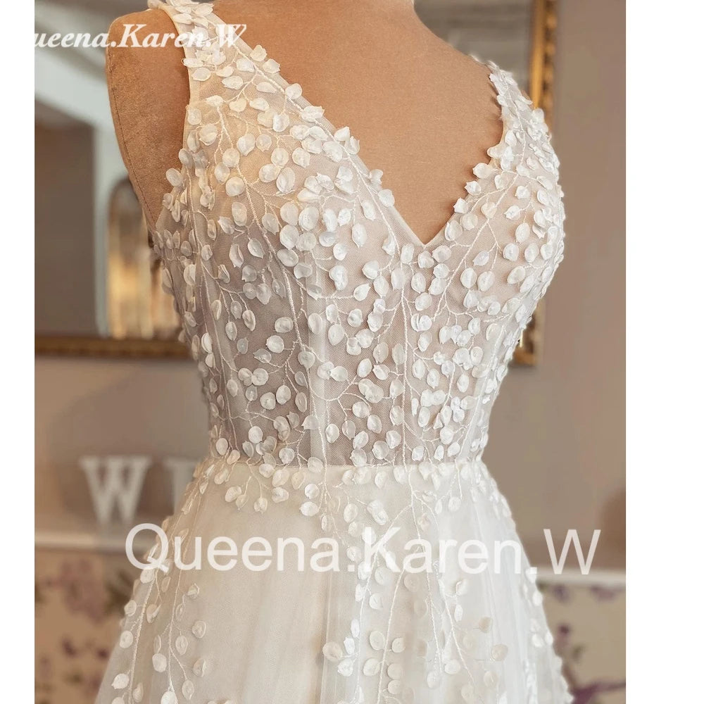 Elegant Boho Wedding Dress V neck lace applique bride dress robe de mariee A line Wedding Bridal Gown AL-QK12