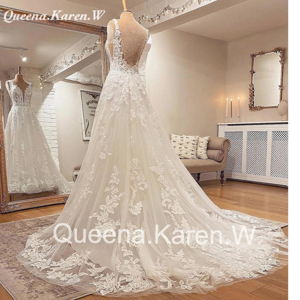 Elegant Boho Wedding Dress V neck lace applique bride dress robe de mariee A line Wedding Bridal Gown AL-QK9