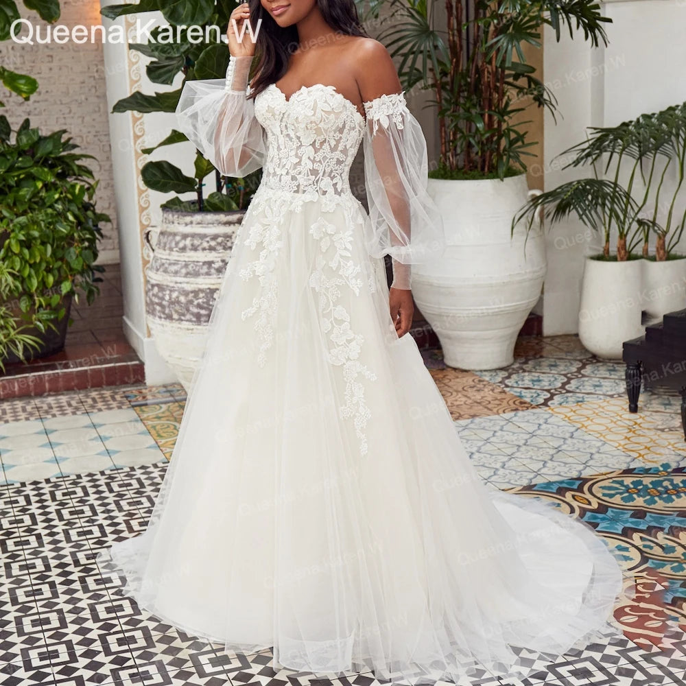 Elegant Boho Wedding Dress buster corset detachable puff long sleeve lace bride dress robe de mariee Bridal Gown AL-QK44 Main image