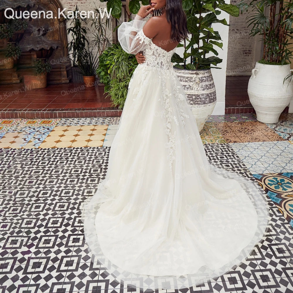 Elegant Boho Wedding Dress buster corset detachable puff long sleeve lace bride dress robe de mariee Bridal Gown AL-QK44