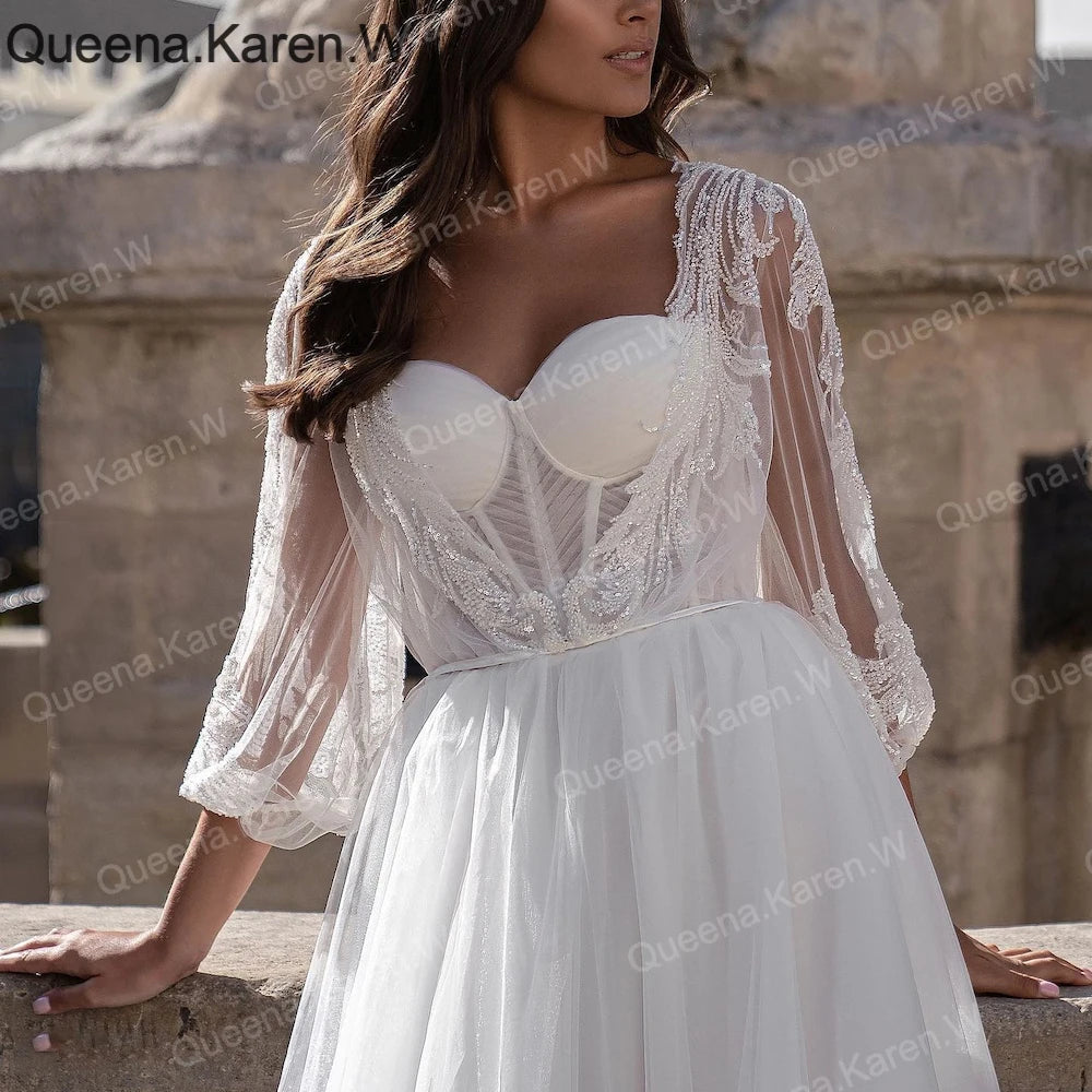 Elegant Boho Wedding Dress lace applique bride dress robe de mariee A line Wedding Bridal Gown AL-QK261