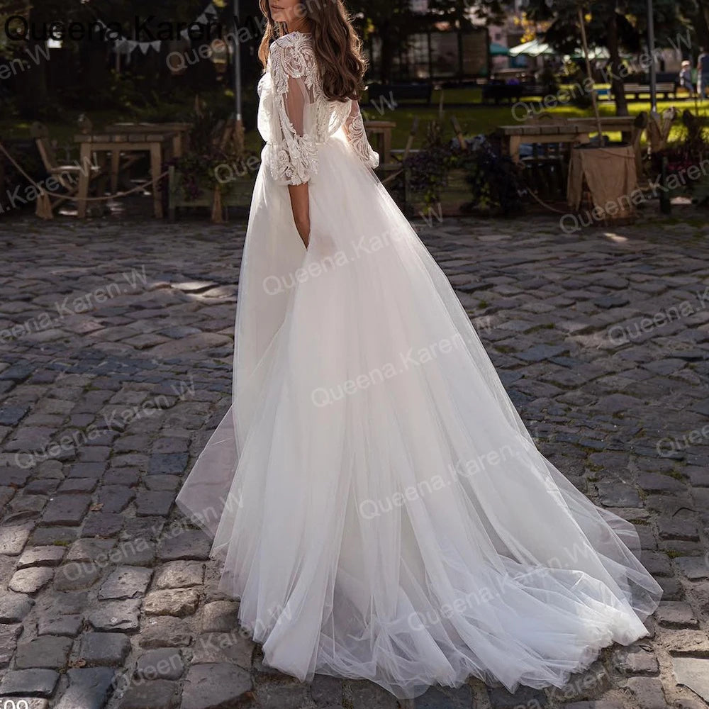 Elegant Boho Wedding Dress lace applique bride dress robe de mariee A line Wedding Bridal Gown AL-QK261