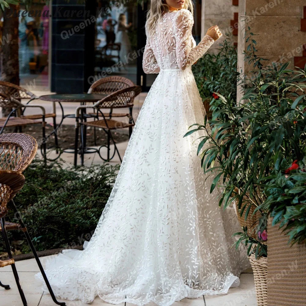 Elegant Boho Wedding Dress long sleeve high neck lace applique bride 16 / White Elegant Boho Wedding Dress long sleeve high neck lace applique bride 16 / White