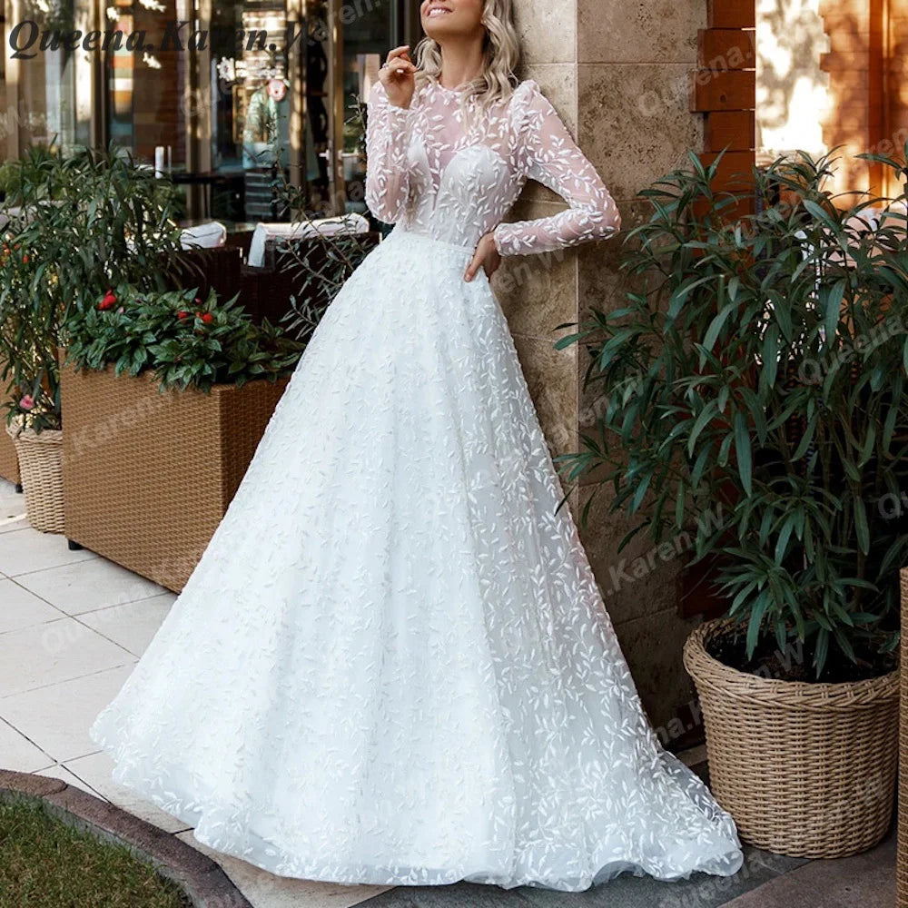 Elegant Boho Wedding Dress long sleeve high neck lace applique bride dress robe de mariee A line Wedding Bridal Gown AL-QK46