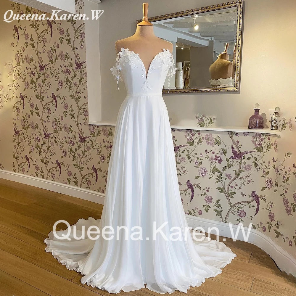 Elegant Boho Wedding Dress off shoulder lace applique bride dress robe de mariee A line Wedding Bridal Gown AL-QK14