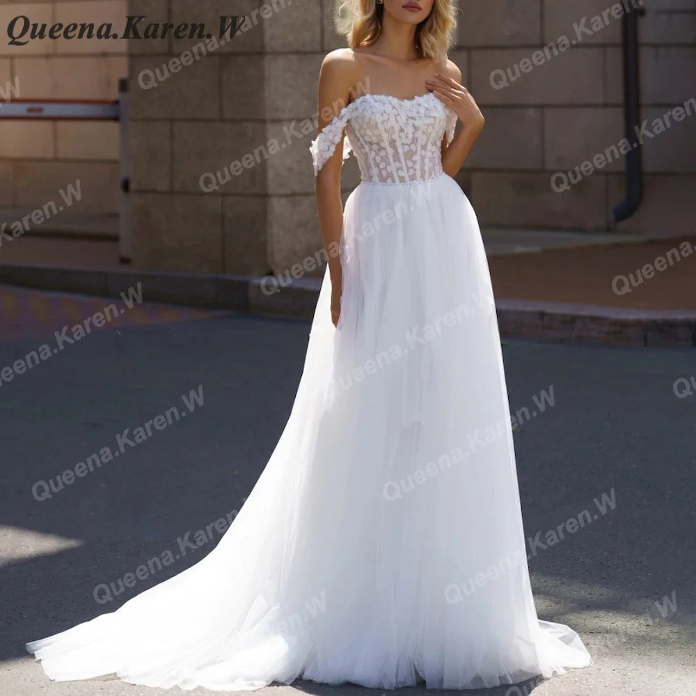 Elegant Boho Wedding Dress off shoulder lace applique bride dress robe de mariee A line Wedding Bridal Gown AL-QK44 Main image