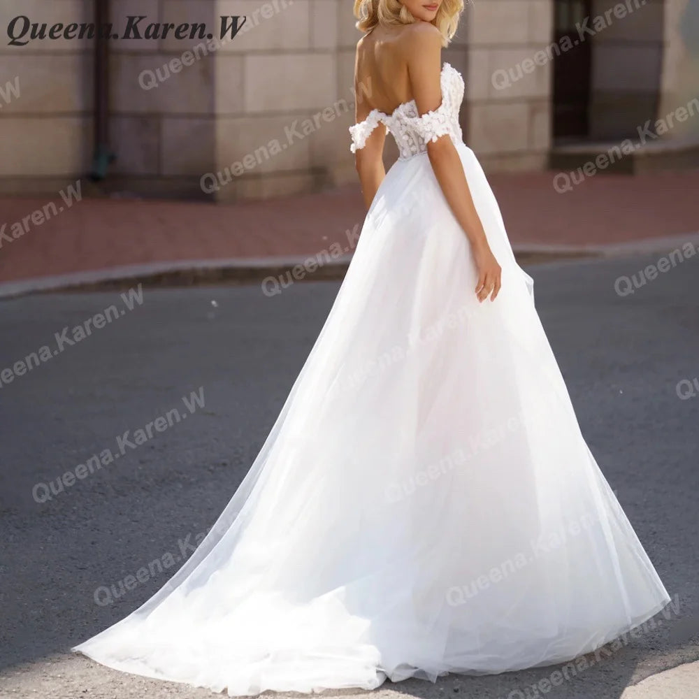 Elegant Boho Wedding Dress off shoulder lace applique bride dress robe de mariee A line Wedding Bridal Gown AL-QK44