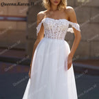 Elegant Boho Wedding Dress off shoulder lace applique bride dress robe de mariee A line Wedding Bridal Gown AL-QK44