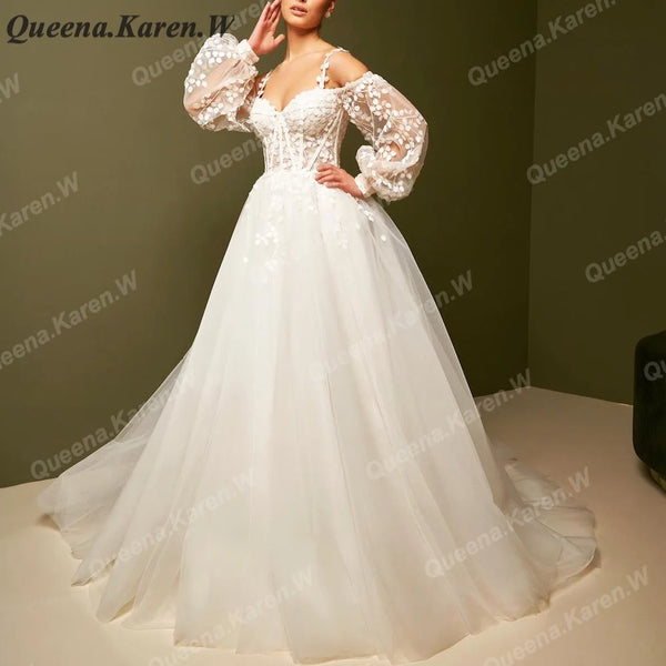 Elegant Boho Wedding Dress off shoulder puff long sleeve lace applique bride dress robe de mariee A line Wedding Bridal Gown