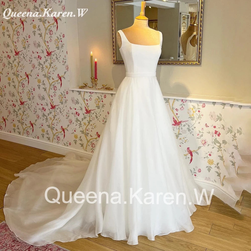 Elegant Boho Wedding Dress square neck organza bride dress robe de mariee A line Wedding Bridal Gown AL-QK10