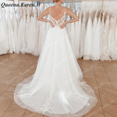 Elegant Boho Wedding Dress strap lace applique bride dress robe de mariee A line Wedding Bridal Gown AL-QK34