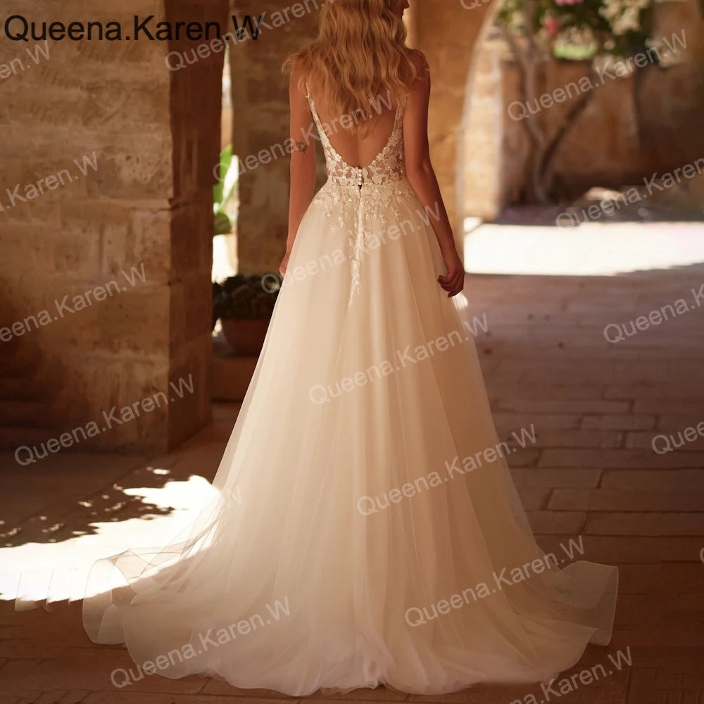 Elegant Boho Wedding Dress strap lace applique bride dress robe de mariee A line Wedding Bridal Gown AL-QK222