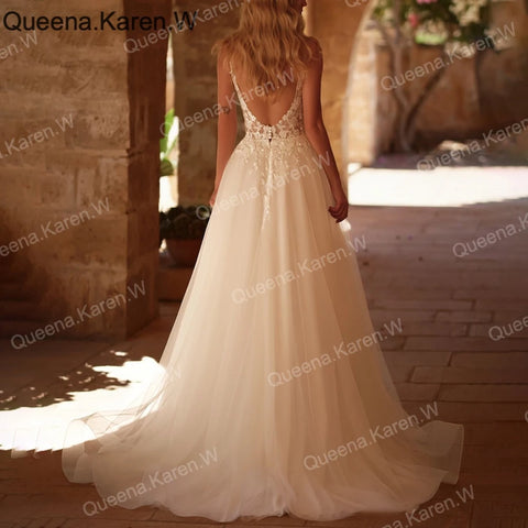 Elegant Boho Wedding Dress strap lace applique bride dress robe de mariee A line Wedding Bridal Gown