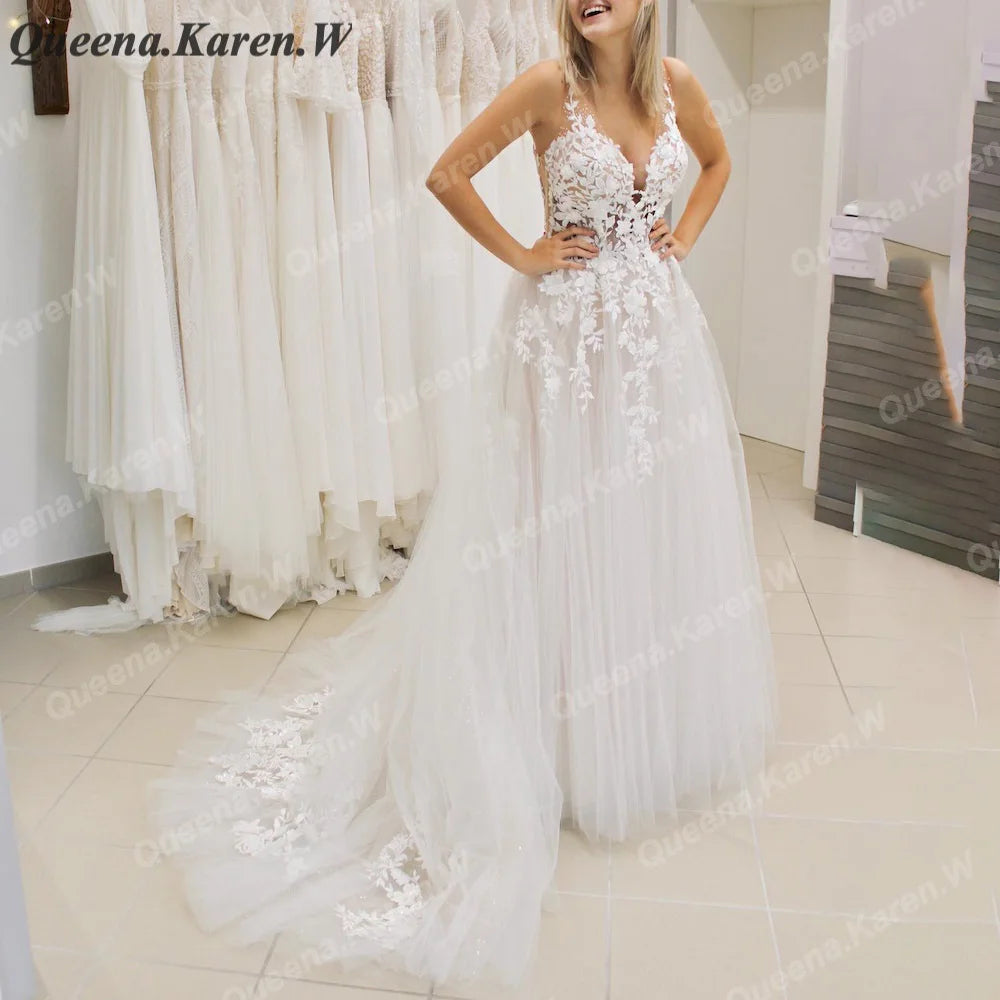 Elegant Boho Wedding Dress strap lace applique bride dress robe de mariee A line Wedding Bridal Gown AL-QK33