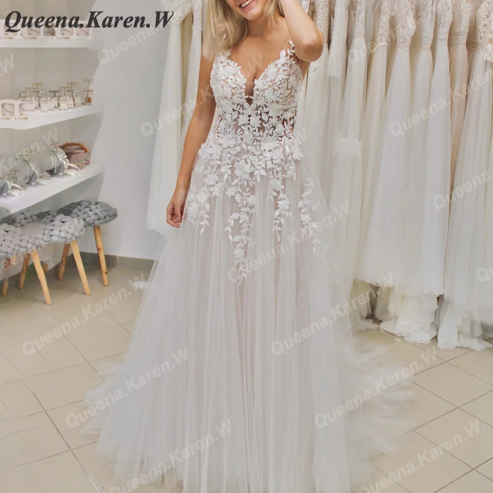 Elegant Boho Wedding Dress strap lace applique bride dress robe de mariee A line Wedding Bridal Gown AL-QK33