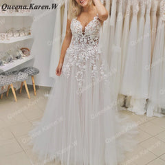 Elegant Boho Wedding Dress strap lace applique bride dress robe de mariee A line Wedding Bridal Gown