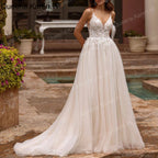 Elegant Boho Wedding Dress strap lace applique bride dress robe de mariee A line Wedding Bridal Gown AL-QK236