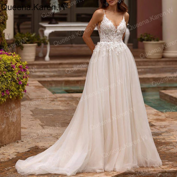 Elegant Boho Wedding Dress strap lace applique bride dress robe de mariee A line Wedding Bridal Gown