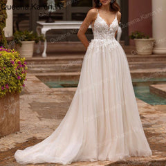 Elegant Boho Wedding Dress strap lace applique bride dress robe de mariee A line Wedding Bridal Gown AL-QK236
