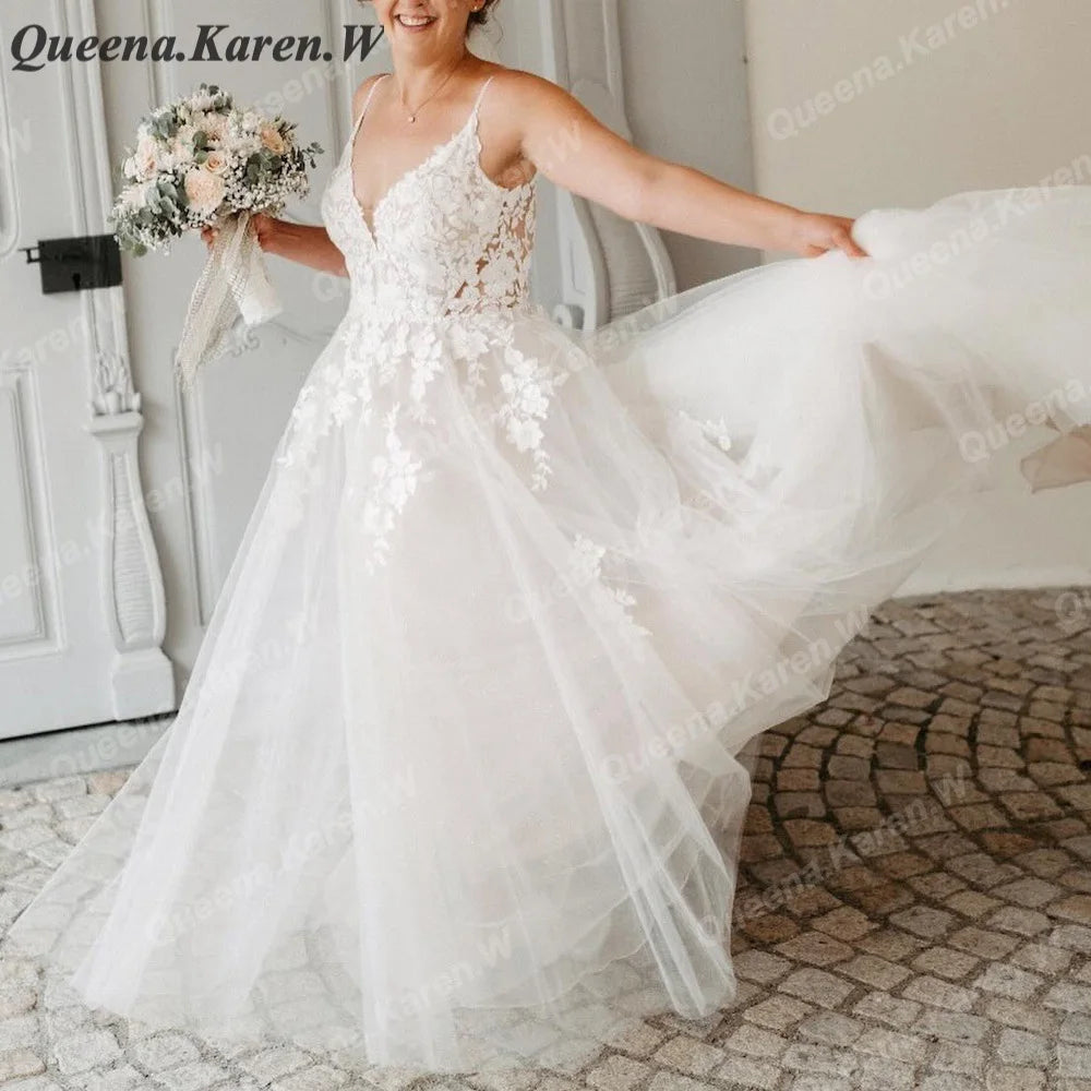 Elegant Boho Wedding Dress strap lace applique bride dress robe de mariee A line Wedding Bridal Gown AL-QK34