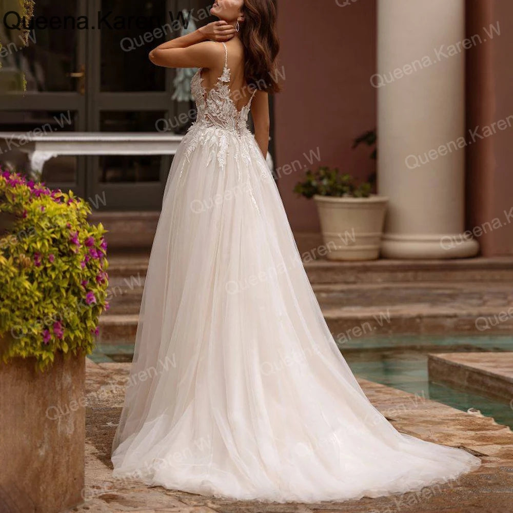 Elegant Boho Wedding Dress strap lace applique bride dress robe de mariee A line Wedding Bridal Gown AL-QK236