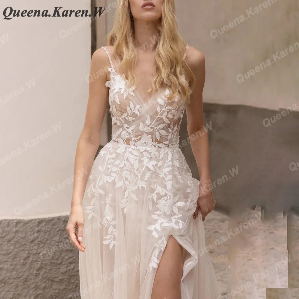 Elegant Boho Wedding Dress strap lace applique bride dress robe de mariee A line Wedding Bridal Gown AL-QK48