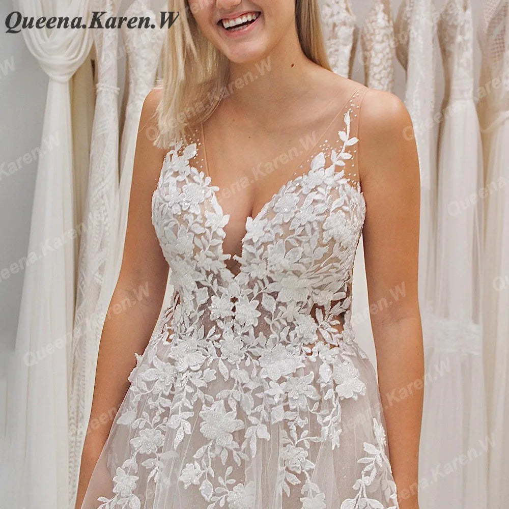 Elegant Boho Wedding Dress strap lace applique bride dress robe de mariee A line Wedding Bridal Gown AL-QK33