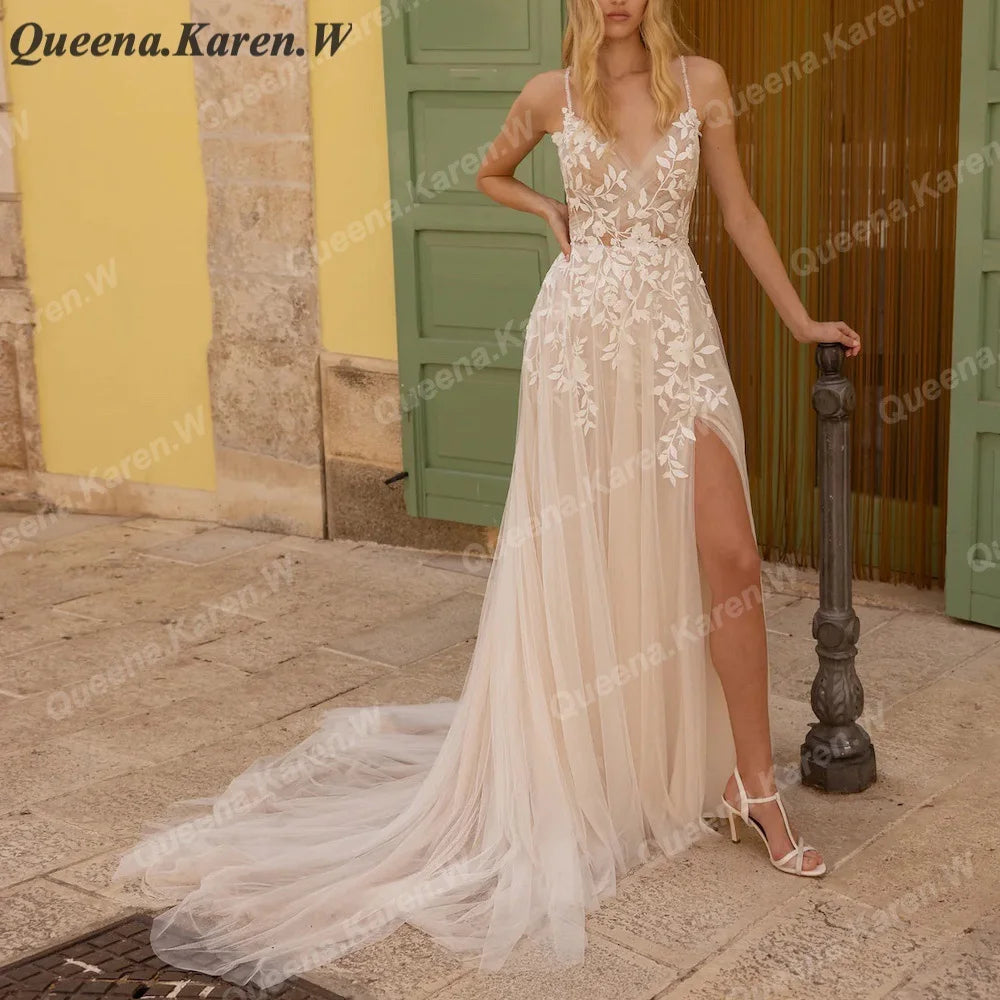 Elegant Boho Wedding Dress strap lace applique bride dress robe de mariee A line Wedding Bridal Gown AL-QK48