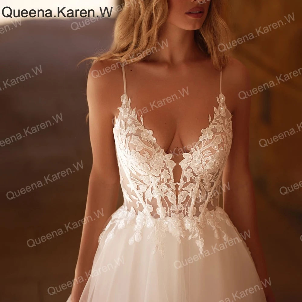 Elegant Boho Wedding Dress strap lace applique bride dress robe de mariee A line Wedding Bridal Gown AL-QK222