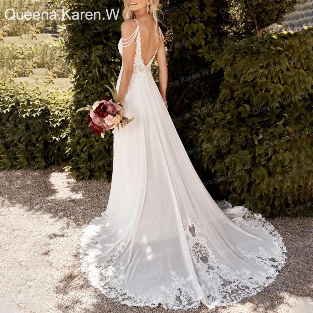 Elegant Boho Wedding Dress strap lace applique bride dress robe de mariee A line Wedding Bridal Gown AL-QK74