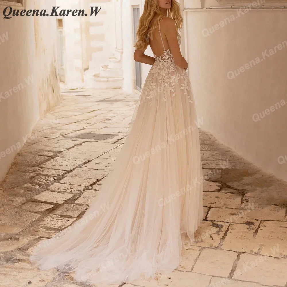 Elegant Boho Wedding Dress strap lace applique bride dress robe de mariee A line Wedding Bridal Gown AL-QK48