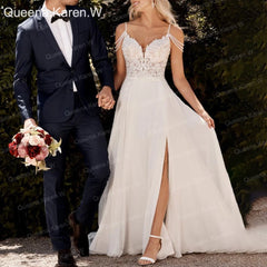 Elegant Boho Wedding Dress strap lace applique bride dress robe de mariee A line Wedding Bridal Gown AL-QK74