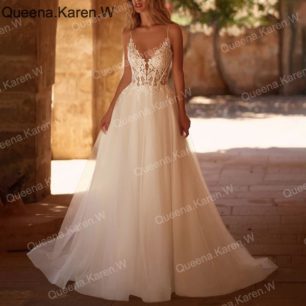 Elegant Boho Wedding Dress strap lace applique bride dress robe de mariee A line Wedding Bridal Gown