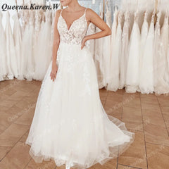 Elegant Boho Wedding Dress strap lace applique bride dress robe de mariee A line Wedding Bridal Gown AL-QK34