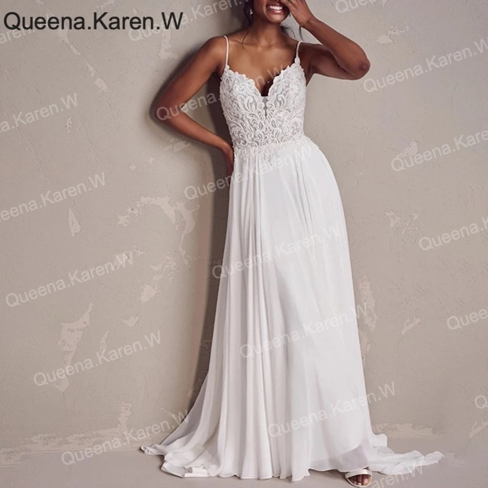 Elegant Boho Wedding Dress strap lace chiffon bride dress robe de mariee A line Wedding Bridal Gown AL-QK96